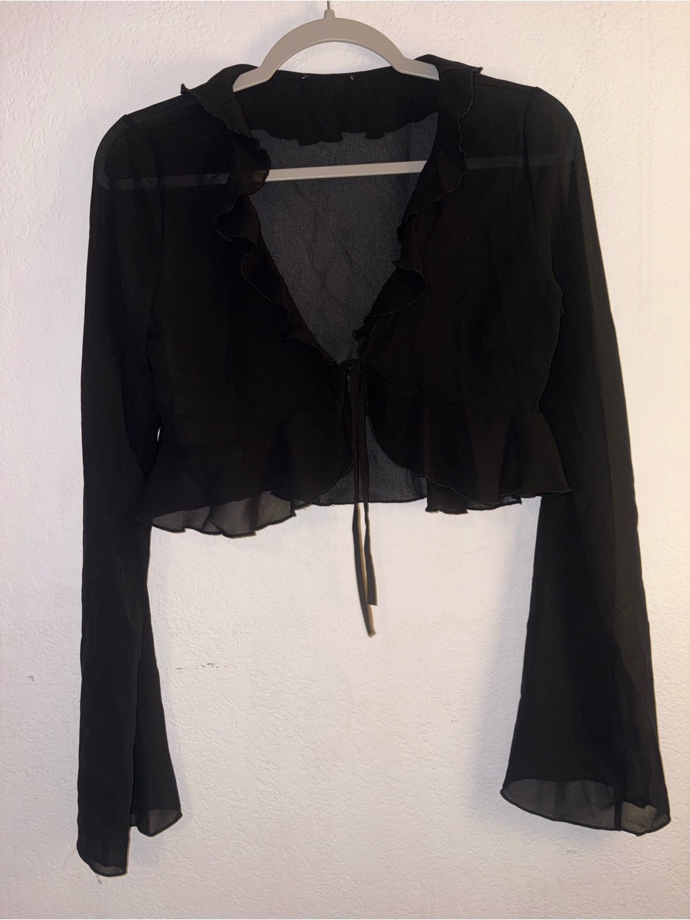 Black Ruffled Tie-Front Long Sleeve Crop Top